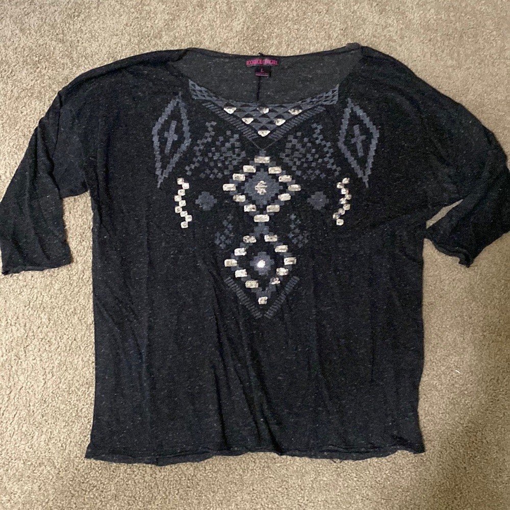 Rock & Roll Cowgirl 3/4 sleeve sequin Aztec top; dark gray; size L
